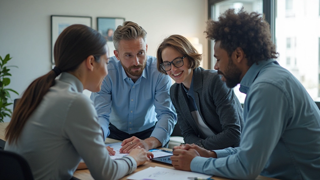Team collaborating around data dashboard displaying multiple visualization charts and analytics reports