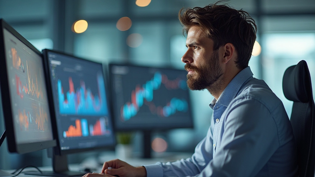 Multiple computer screens displaying different business intelligence dashboards with various charts, graphs and data visualizations