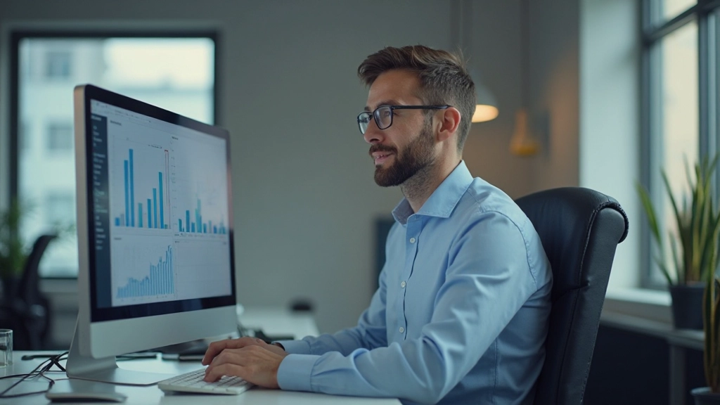 Professional data analyst reviewing insights on a computer screen with multiple charts and dashboard layouts visible