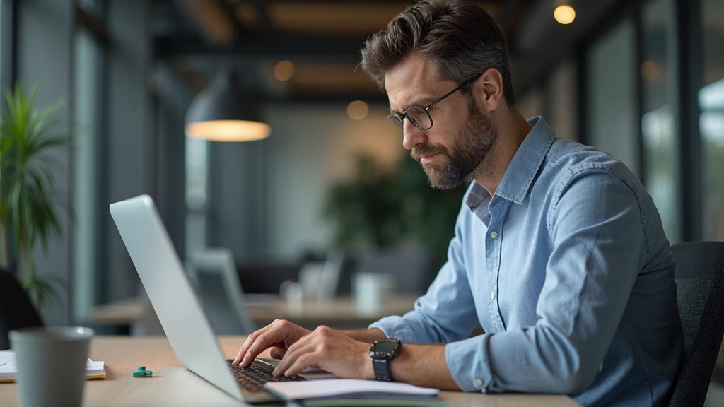 Person working on laptop with analytical thinking, notebook with sketches and diagrams nearby