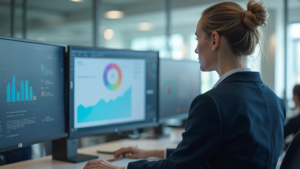 Analytics professional reviewing business metrics on multiple monitors in bright office environment