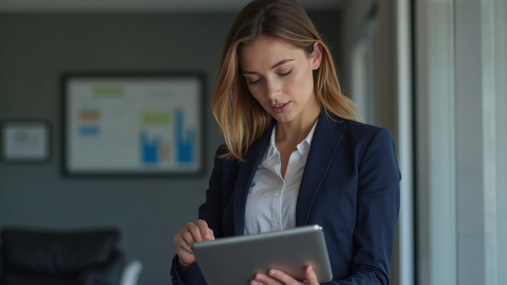 Business professional analyzing charts and statistics on a digital tablet showing data visualization and insights