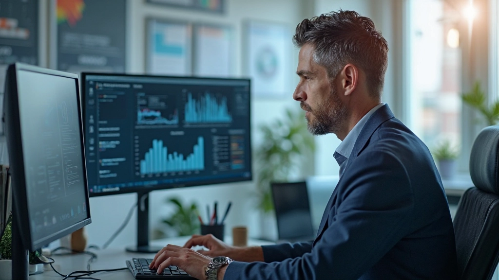 Professional analyzing data with charts and graphs on computer screen