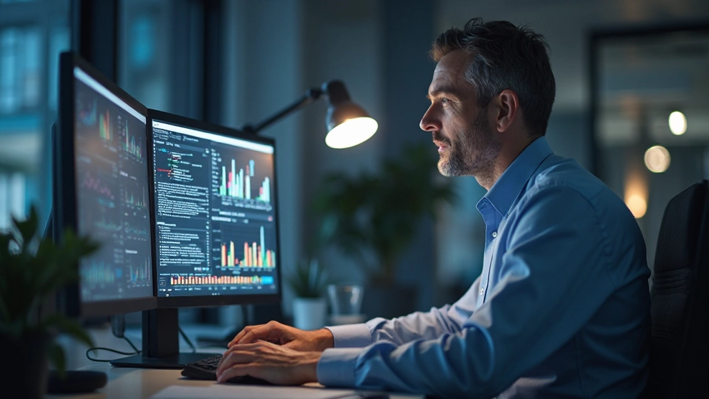 Data scientist working with statistical analysis on computer with multiple windows open